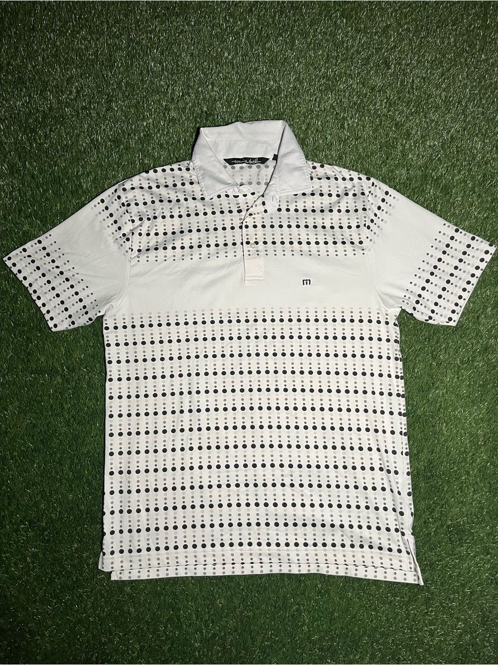 TravisMathew Mens Medium White Black Dot Print Golf Polo